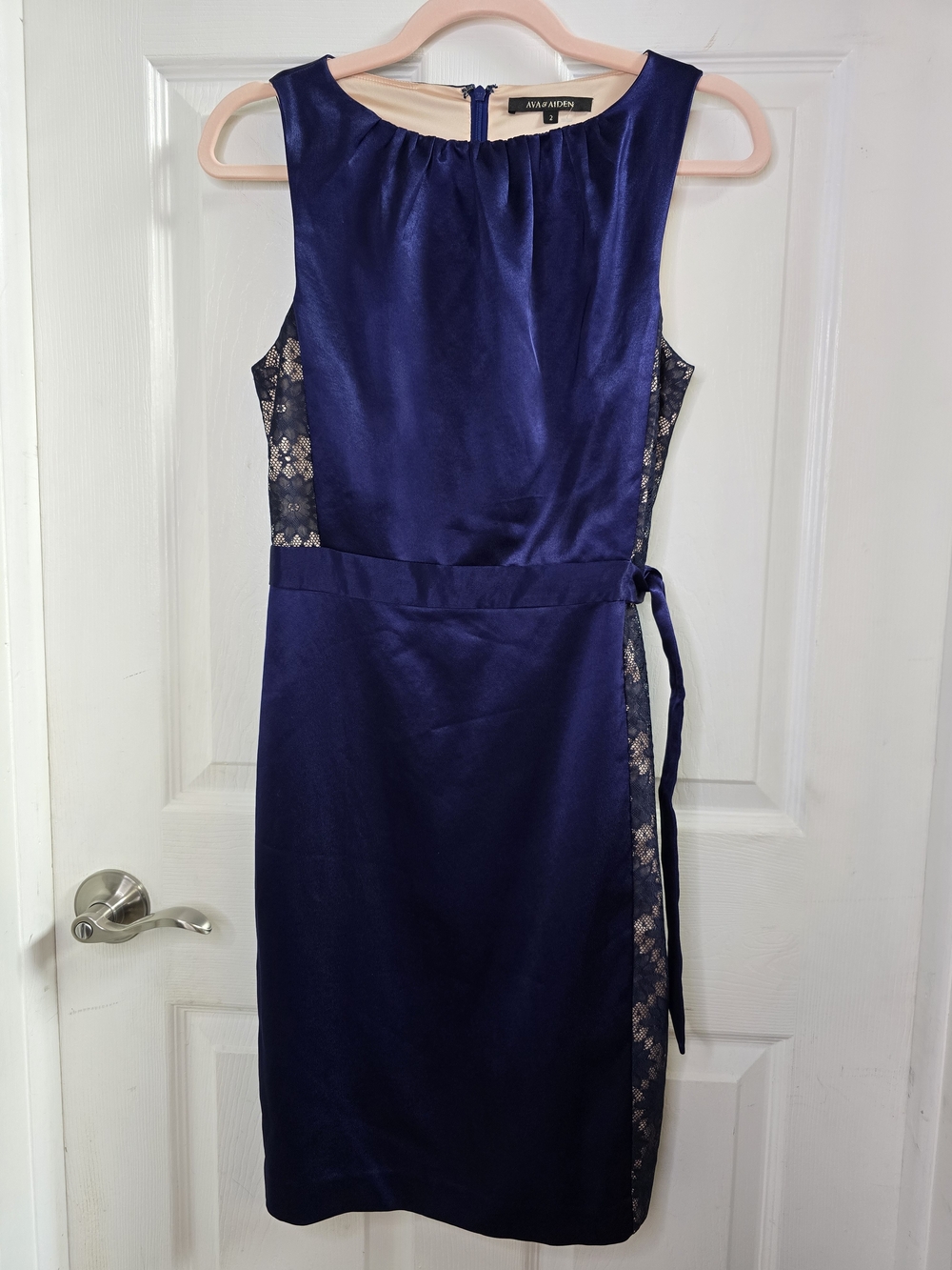 Ava & Aiden Navy Satin Midi Dress with Lace Insets